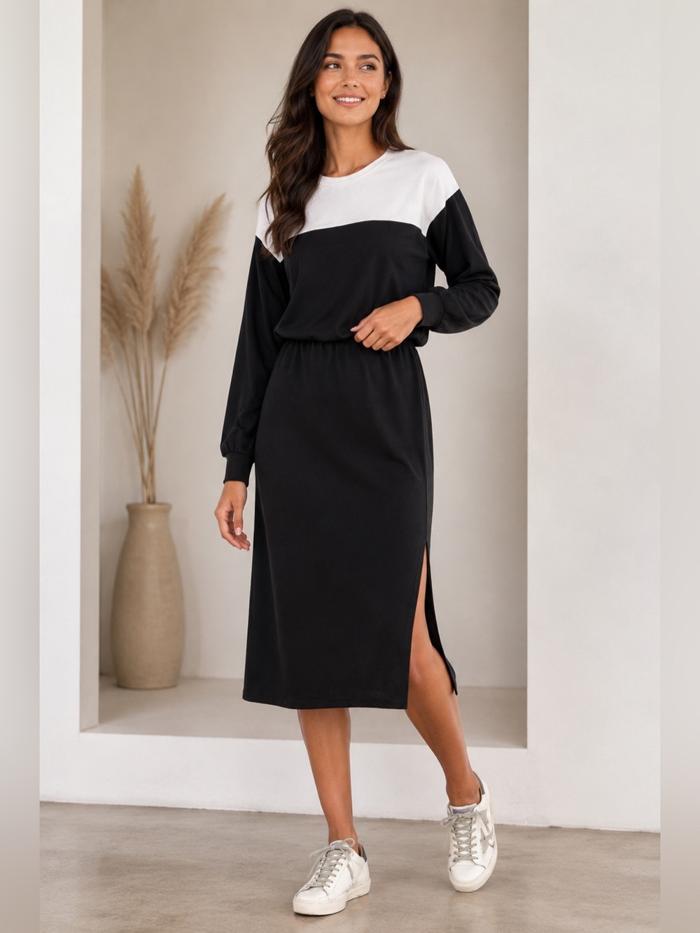 AQUA Black White Colorblock Knit Midi Sweater Dress Long Sleeve Side Slit XS